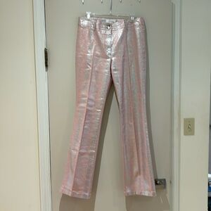Escada pant, size 40, silver metallic reptile print over peachy pink.